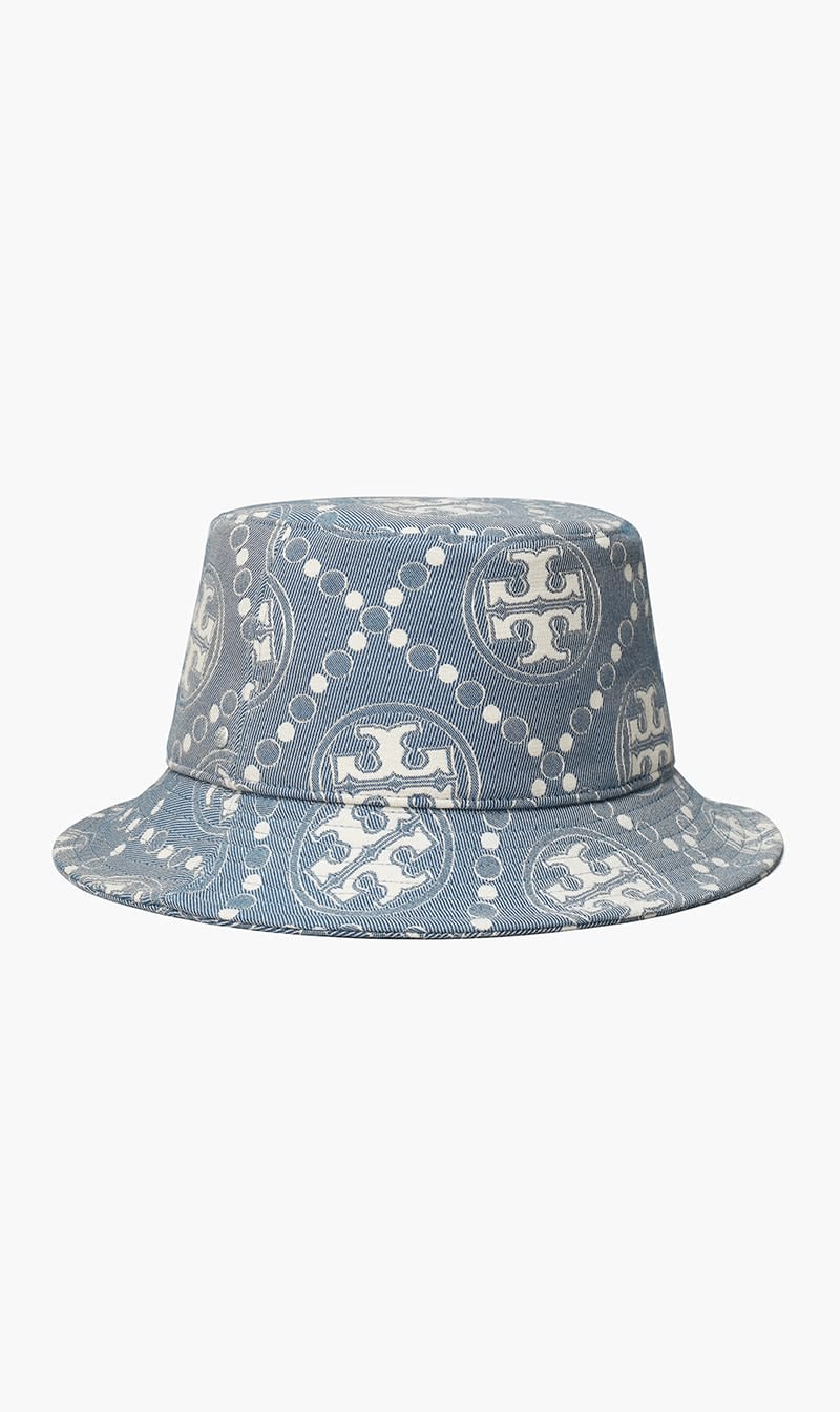 

Tory Burch Blue Short Brim T Monogram Bucket Hat for Women | The Deal Outlet