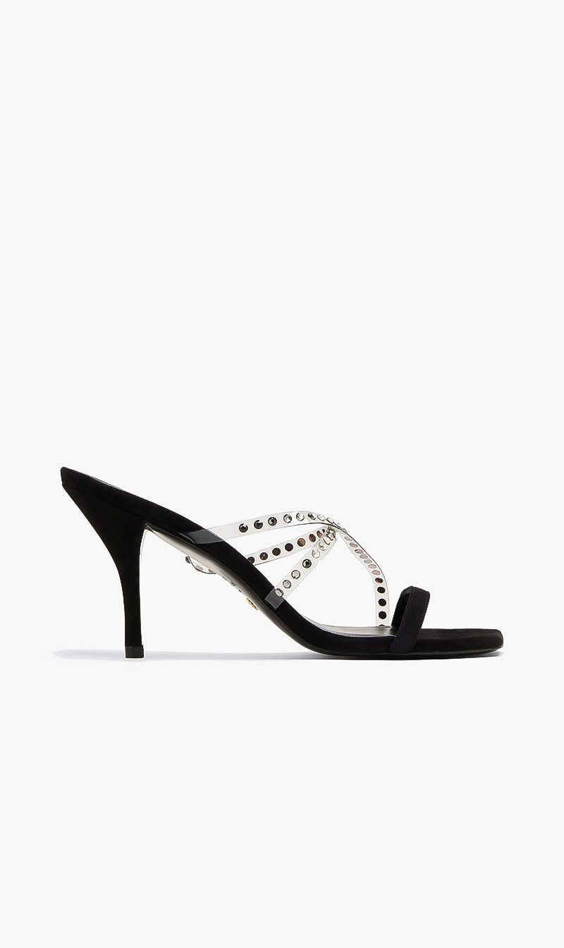 

Stuart Weitzman Black Strapeze Crystal 85 Slide for Women | The Deal Outlet