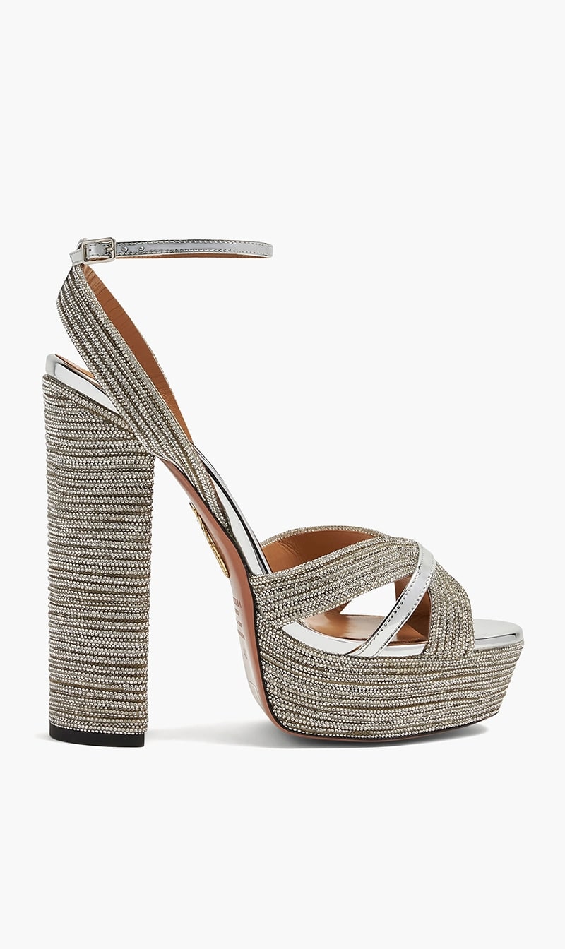 

Aquazzura Firenze Silver Sundance Crystal Plateau 140 Sandals for Women | The Deal Outlet