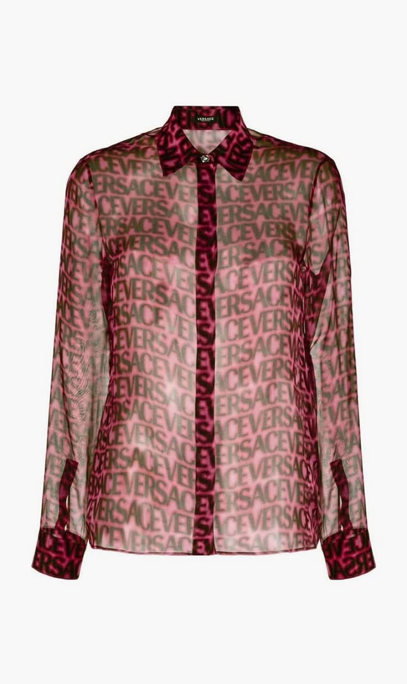 

Versace Multi-color Logo Print Semi Sheer Silk Shirt for Women | The Deal Outlet