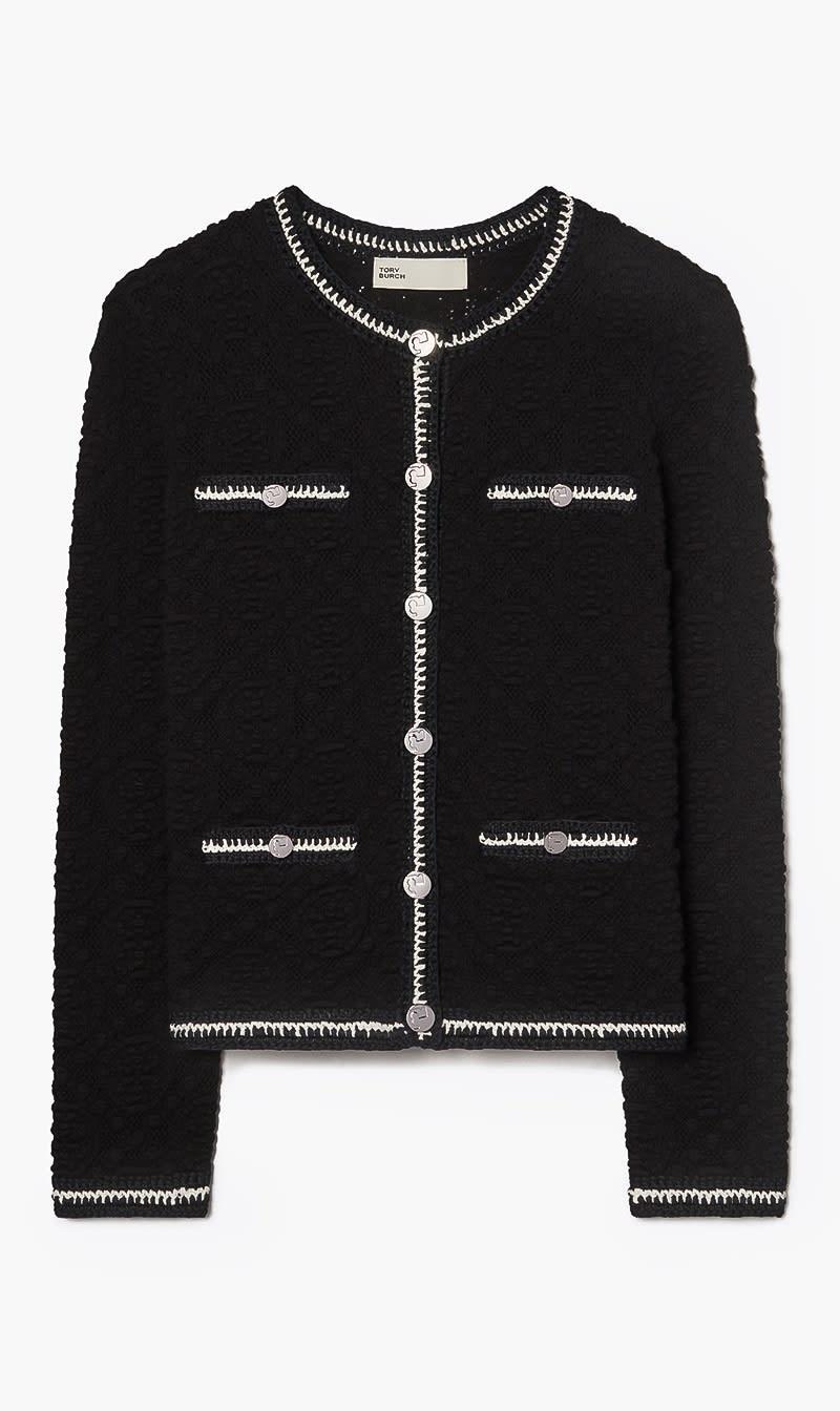 

Tory Burch Black Kendra Logo Lace Cardigan for Women | The Deal Outlet