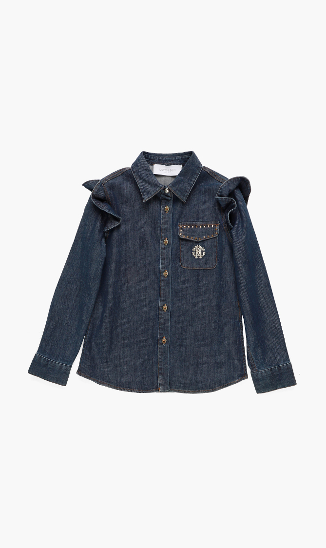

Ruffle Trim Studded Denim Shirt