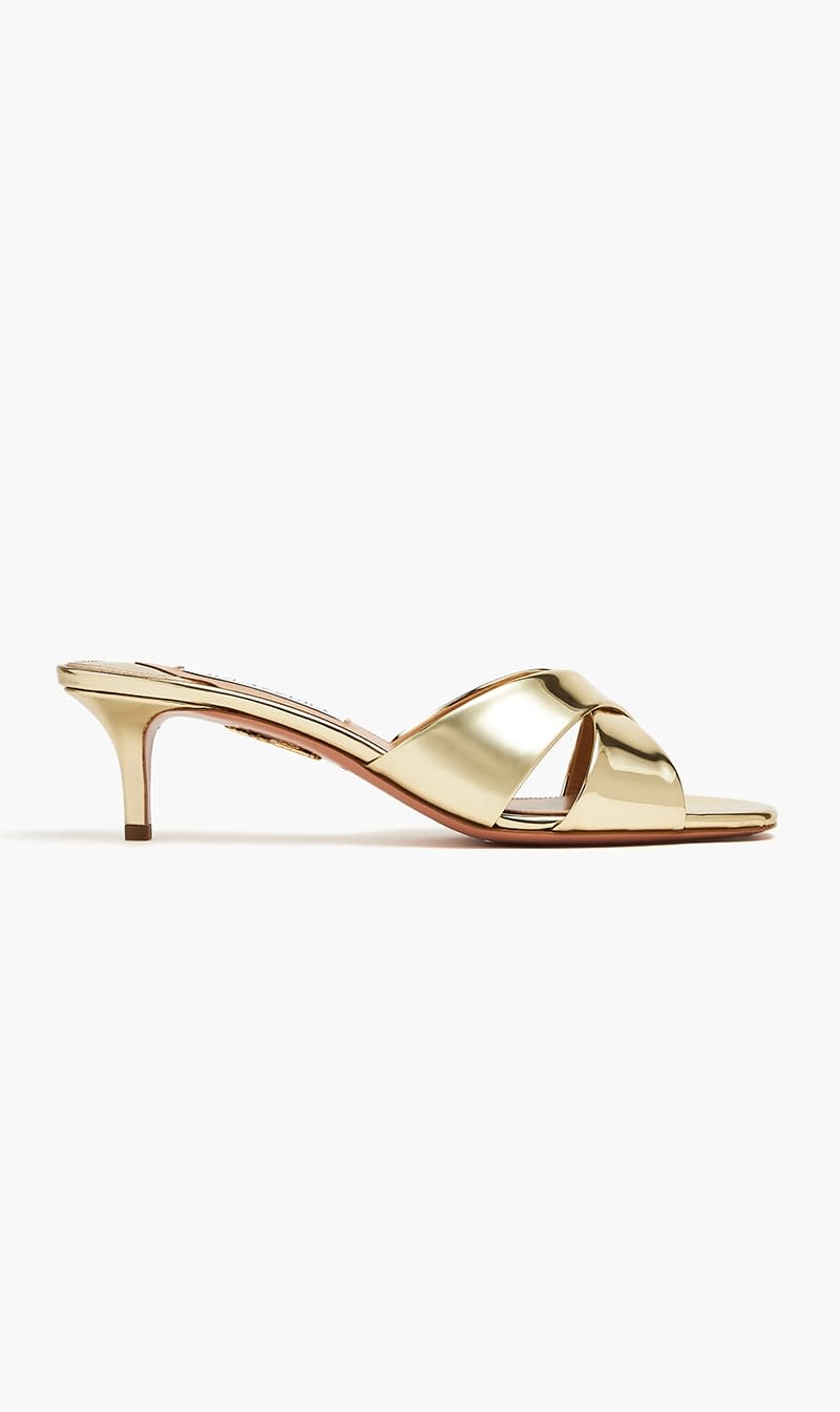 

Aquazzura Firenze Gold Divine 50 Mules for Women | The Deal Outlet