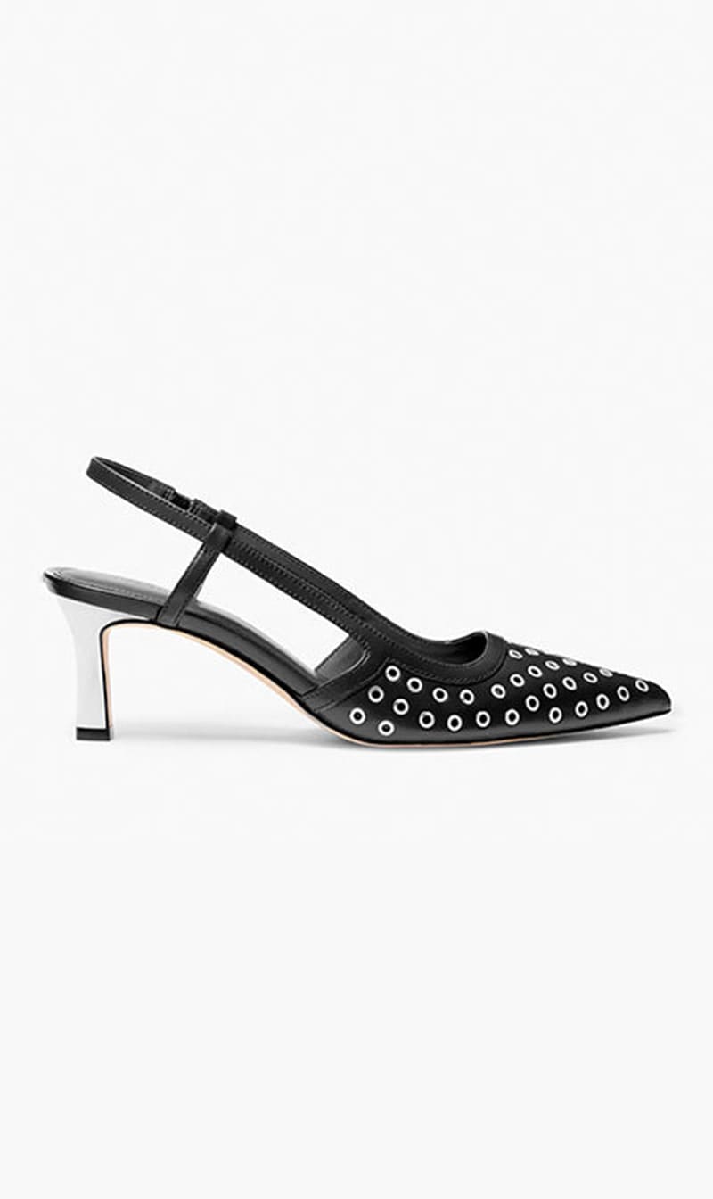 

Michael Kors Black Alora Grommeted Leather Slingback Pump for Women | The Deal Outlet