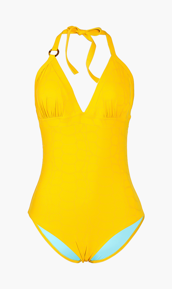 

Feeric Turtle Shell Halter One-piece Swimsuit, Yellow