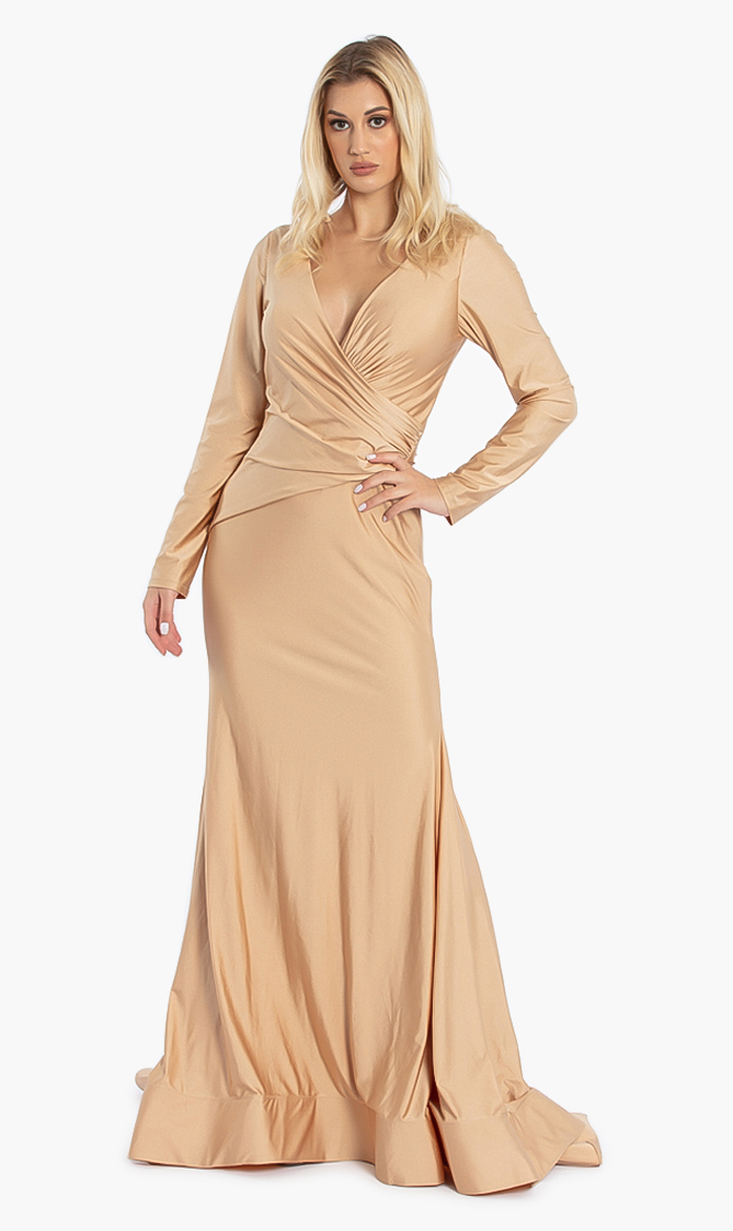 

Terani Couture V Neck Metallic Stretch Gown