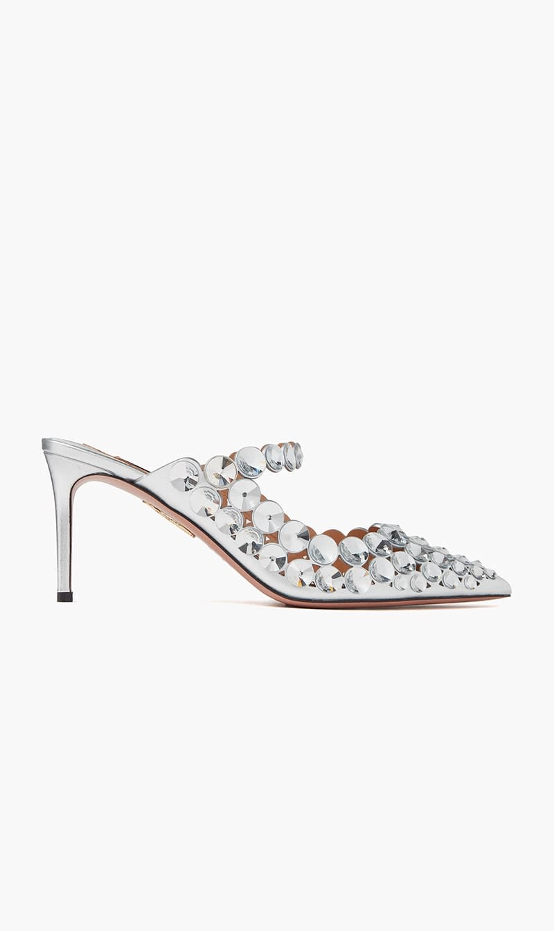 

Aquazzura Firenze Silver Maxi Tequila Maryjane 75 Mules for Women | The Deal Outlet
