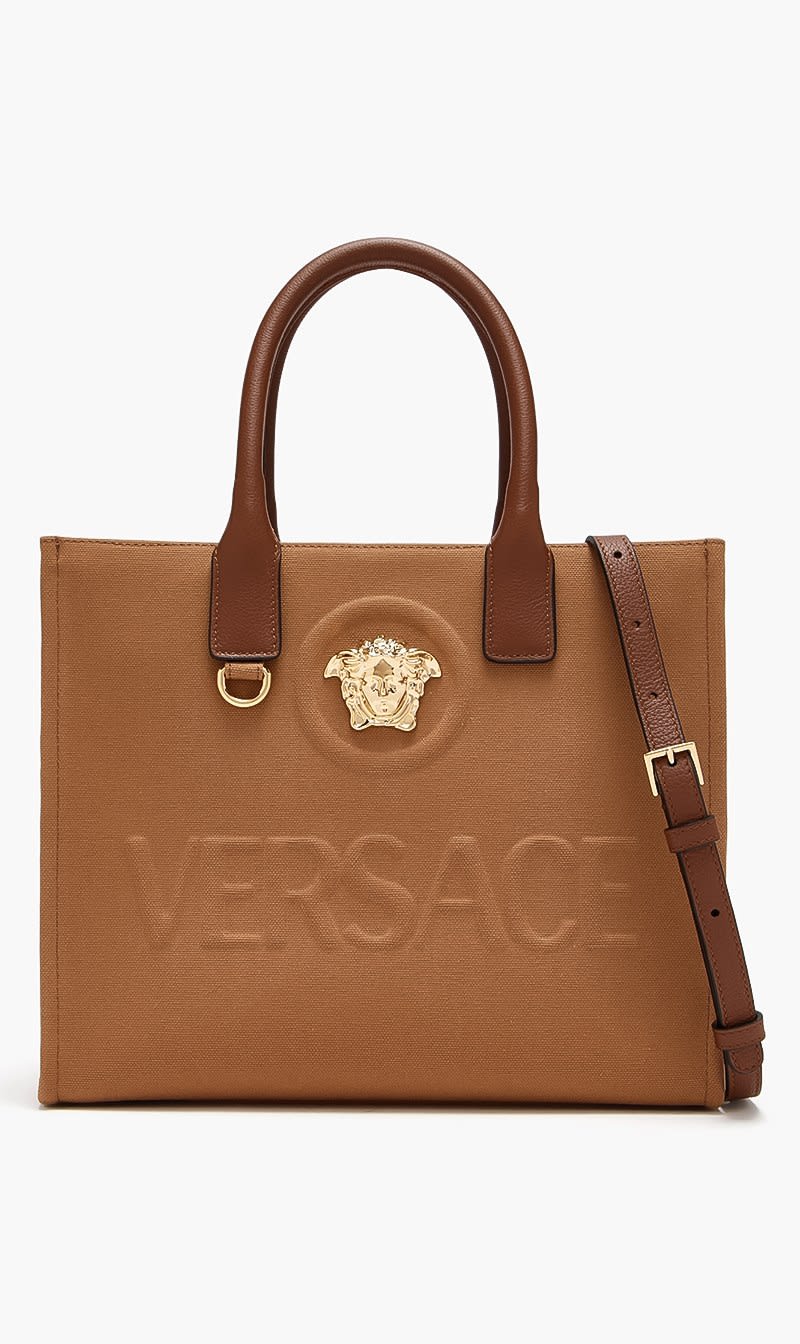 

Versace Brown Small Tote Fabric+calf Leather for Women | The Deal Outlet