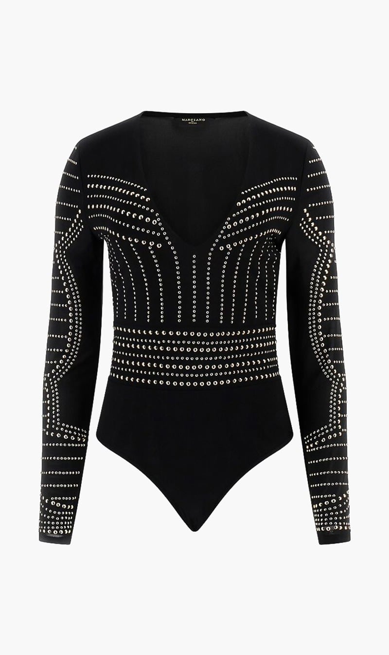 Guess Black Marciano Rhinestone Bodysuit for Women