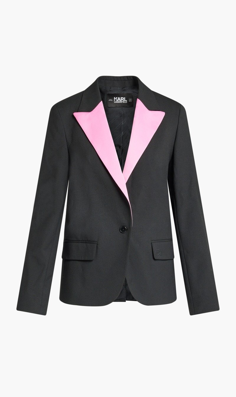 

Karl Lagerfeld Black Satin Lapel Tailored Blazer for Women | The Deal Outlet
