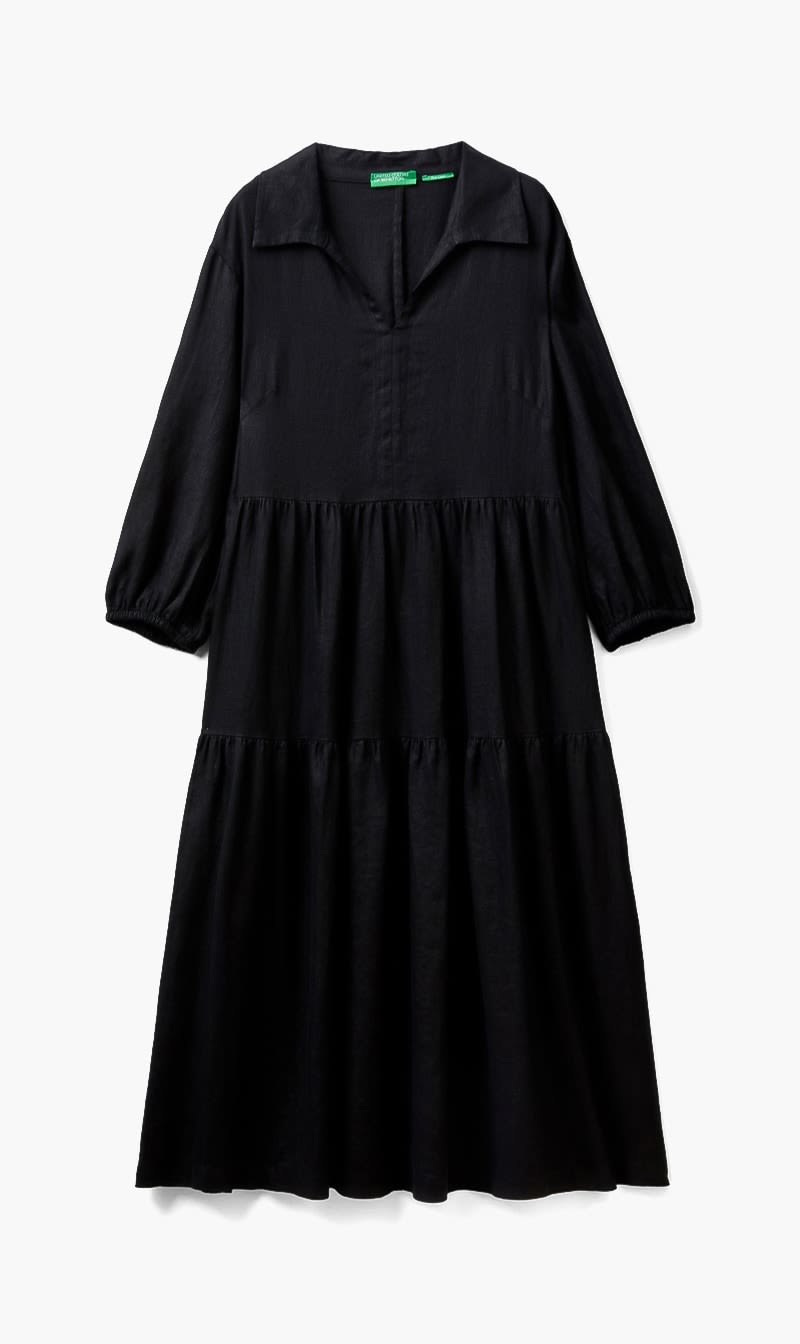 United Colors Of Benetton Black Pure Linen Ruffled Dress for Women