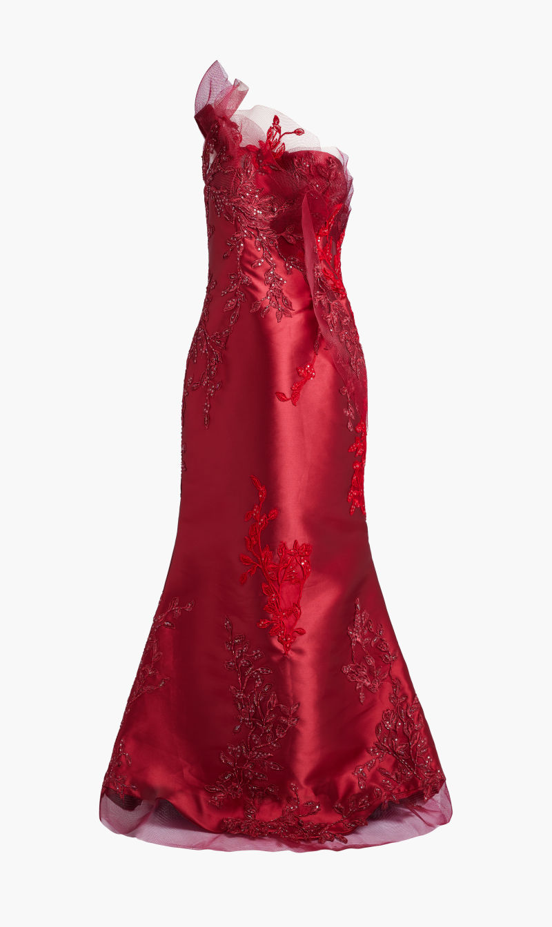 

One Shoulder Lace Embroidery Gown, Red