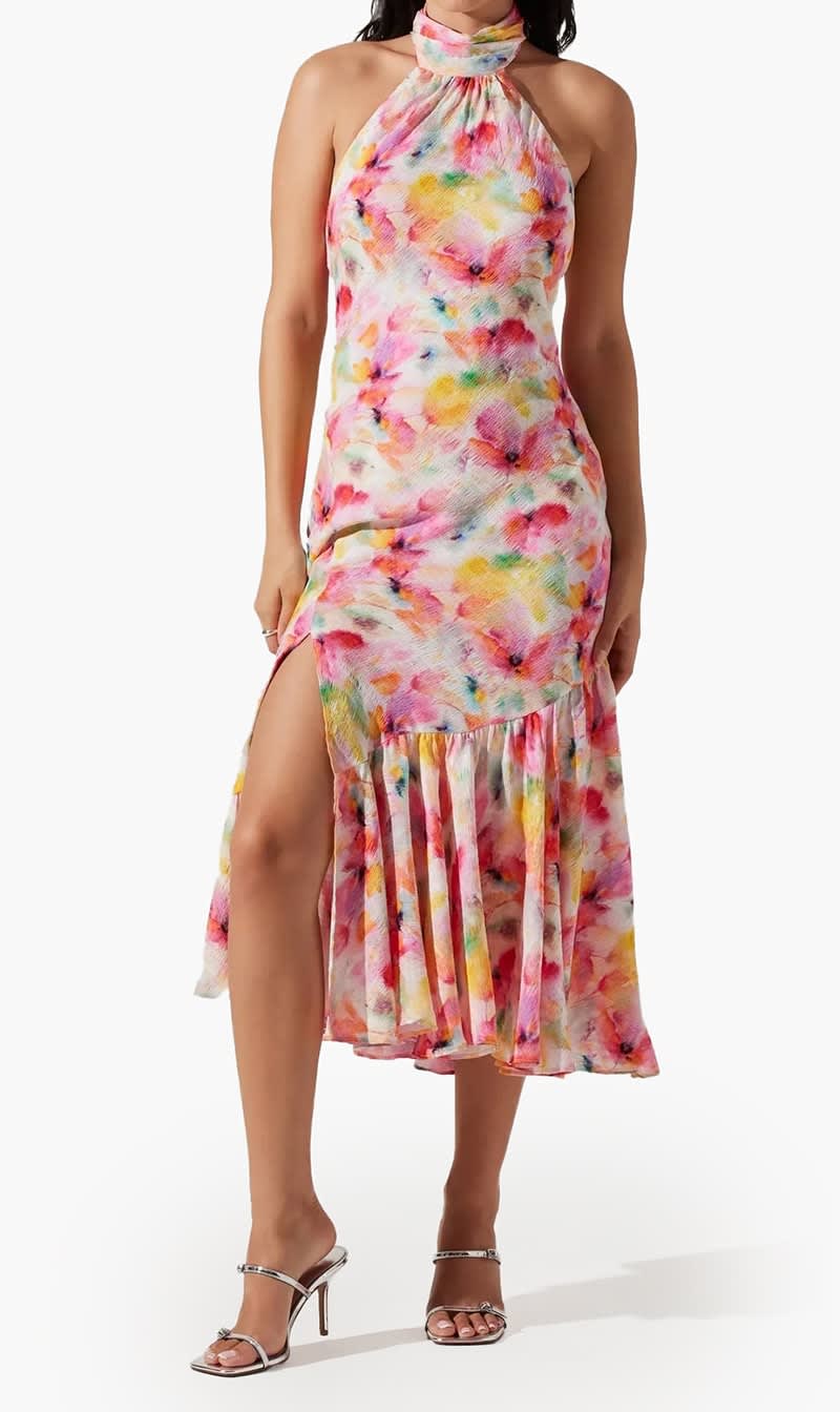 

Astr Multi-color Caspia Floral Halter Neck Dress- Pink Multi Coral for Women | The Deal Outlet