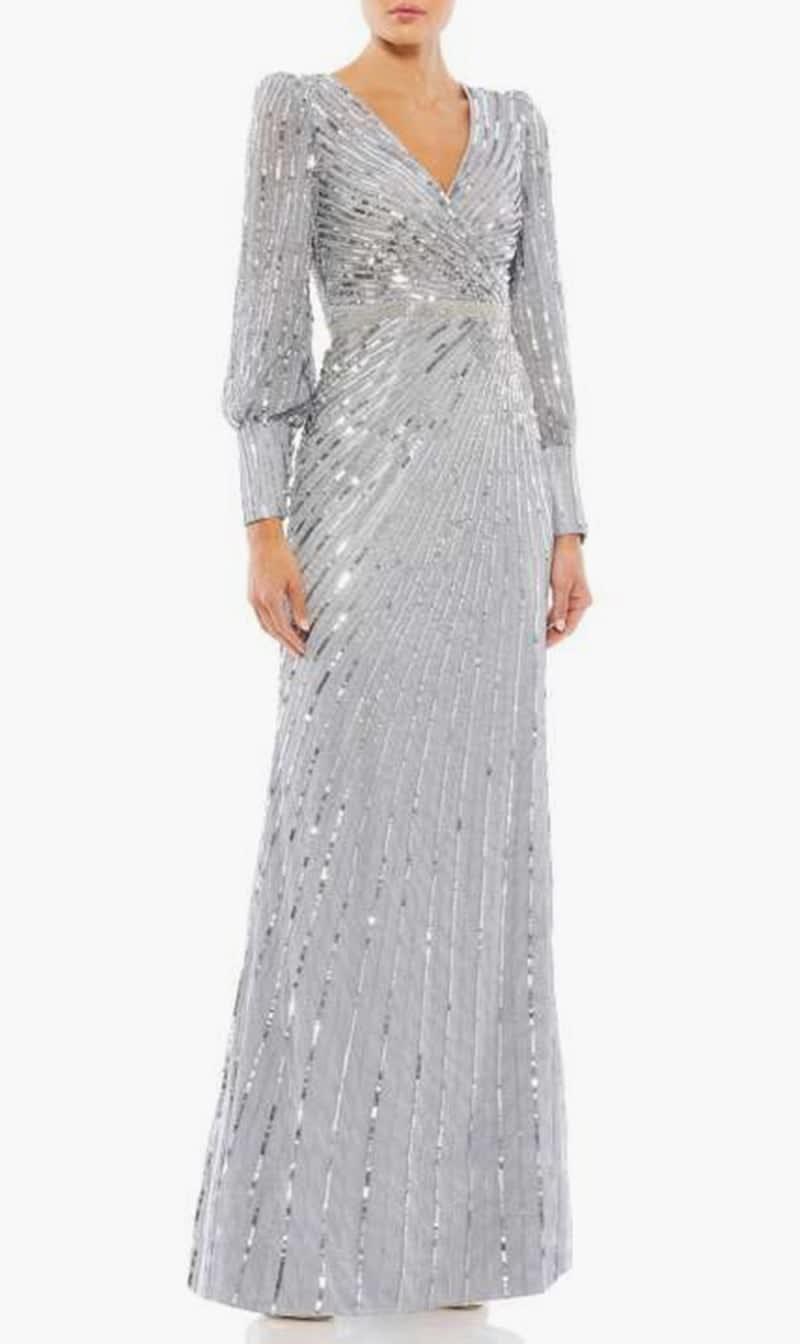 

Mac Duggal Silver Sequined Wrap Over Bishop Sleeve Gown for Women | The Deal Outlet