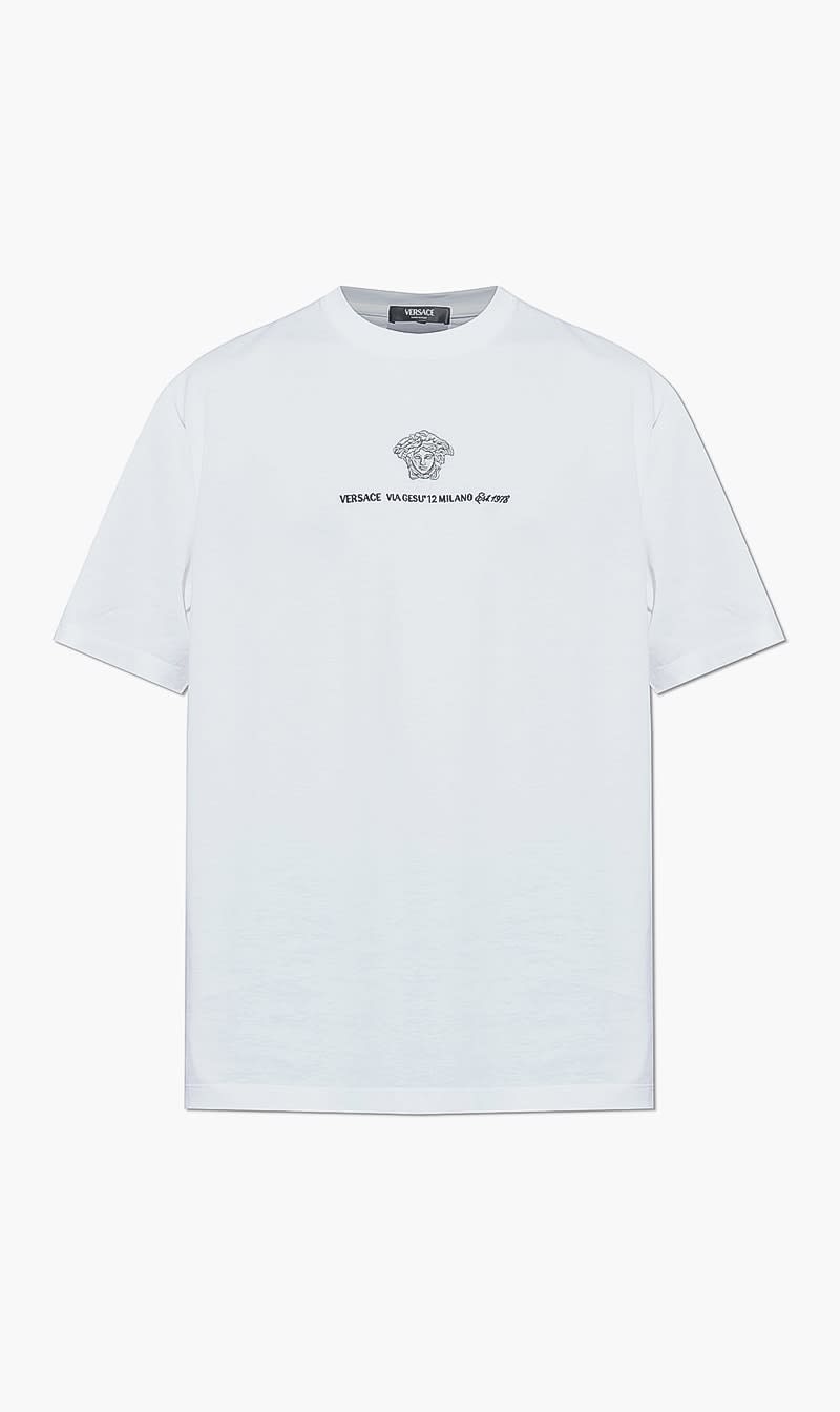Versace White T-shirt Compact Cotton Jersey Fabric + Medusa Branding Embroidery for Men
