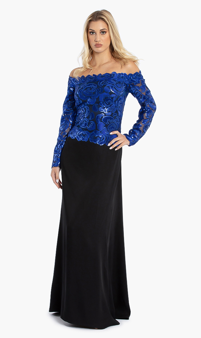 

Tadashi Shoji Off Shoulder Sequins Embroidery Top Gown