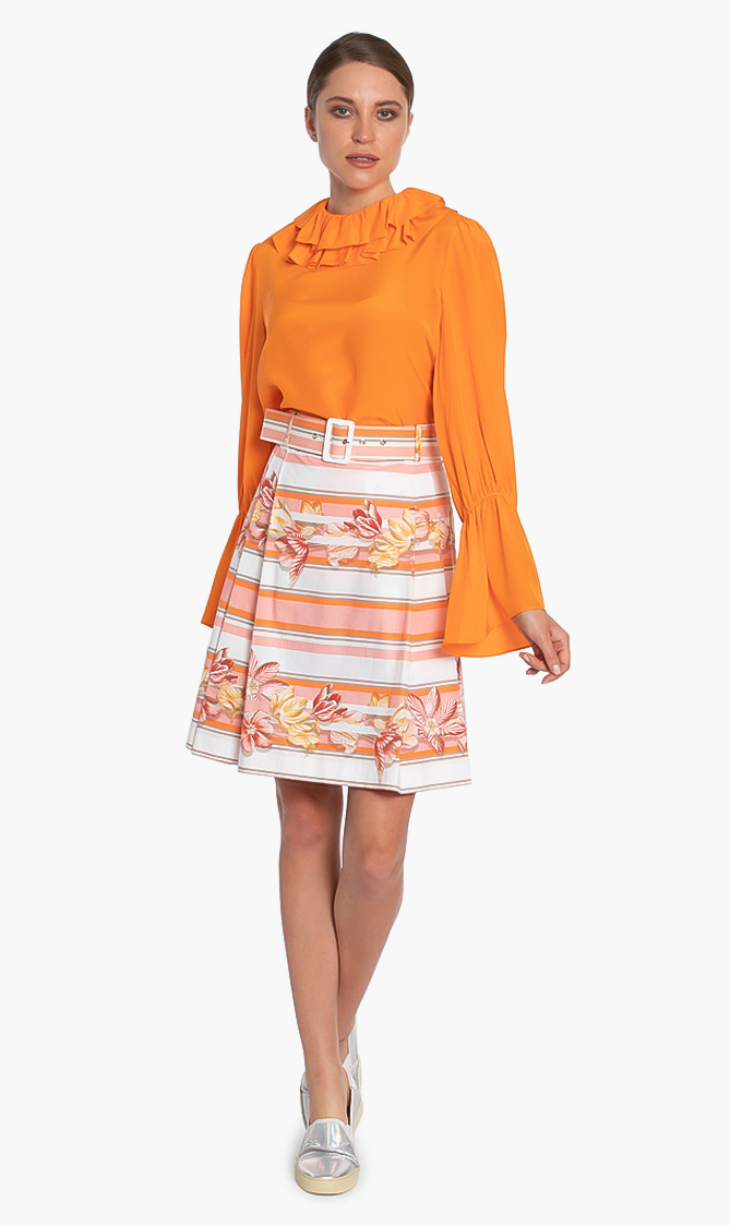 Striped Floral Print Skirt, Orange