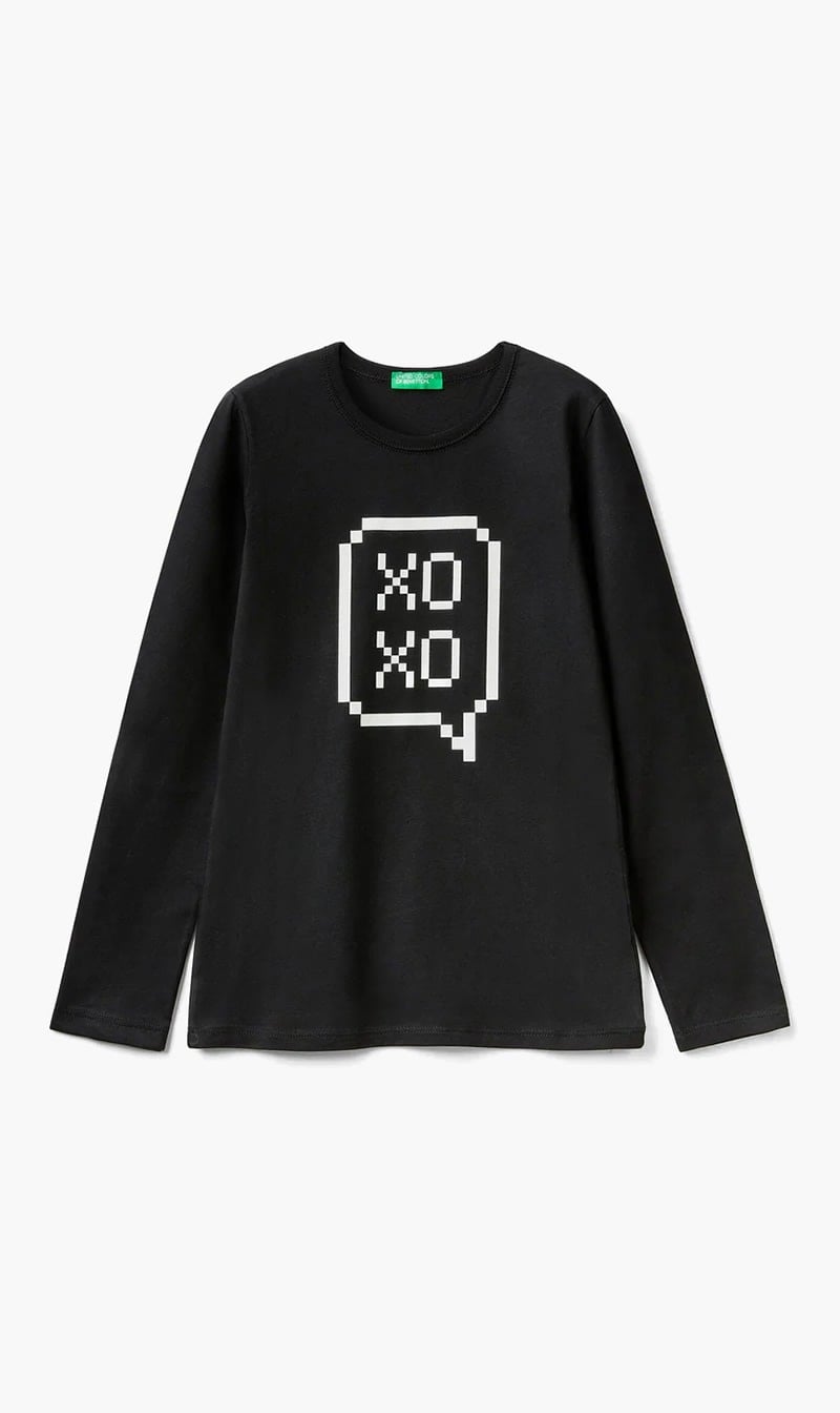 Black United Colors Of Benetton White Long Sleeve 100% Cotton T-shirt for Girls