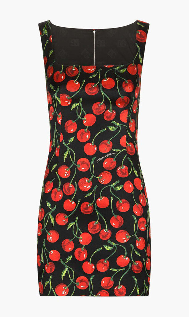 

Dolce & Gabbana Black Short Cherry Print Satin Dress for Women | The Deal Outlet