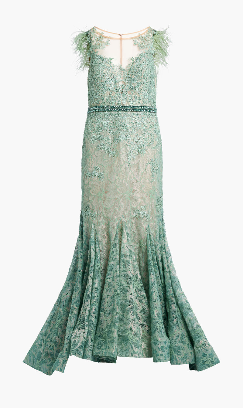 

Mac Duggal Green Embellished Feather Cap Sleeve Illusion Neck Trump for Women | The Deal Outlet