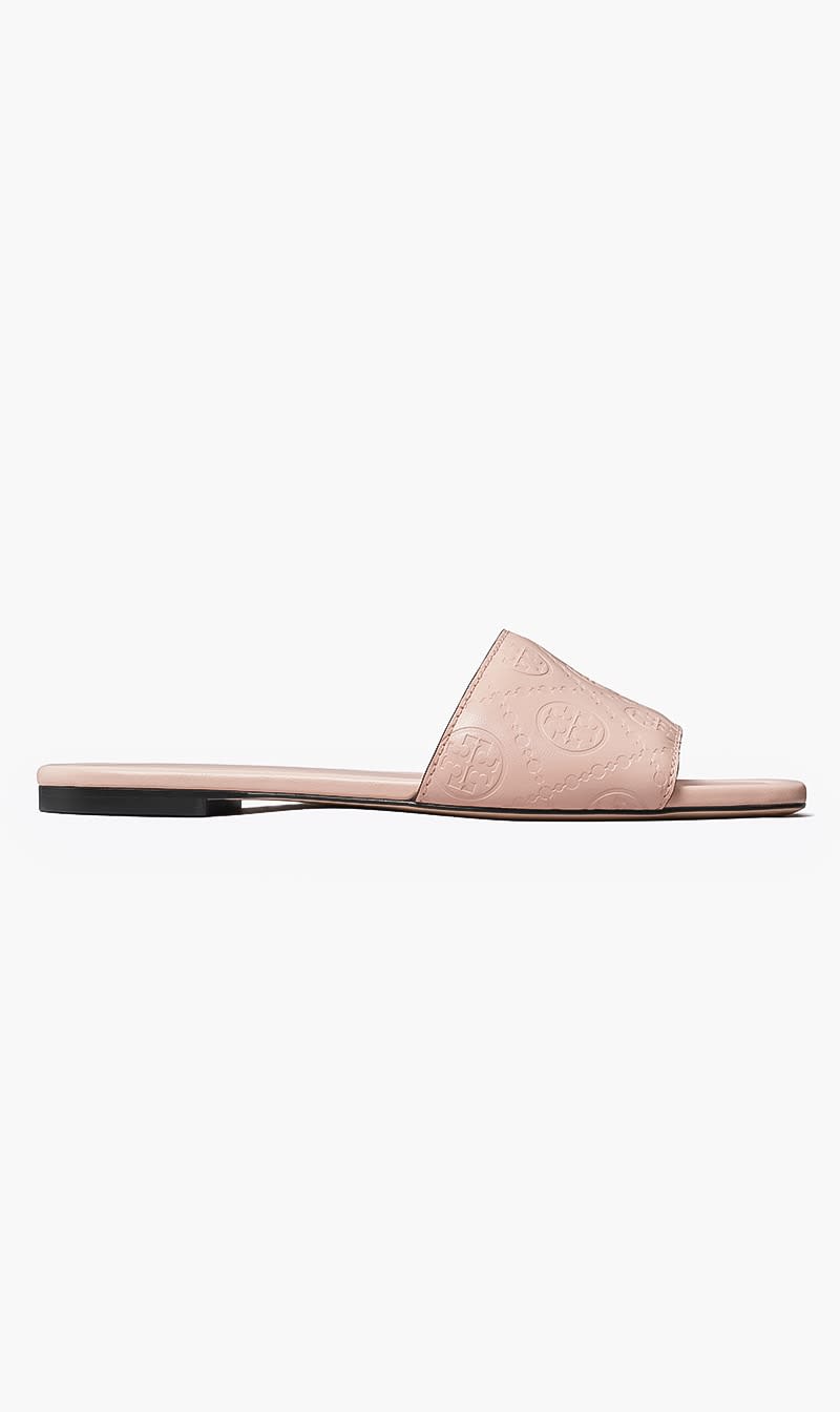 

Tory Burch Pink T Monogram Embossed Slide for Women | The Deal Outlet