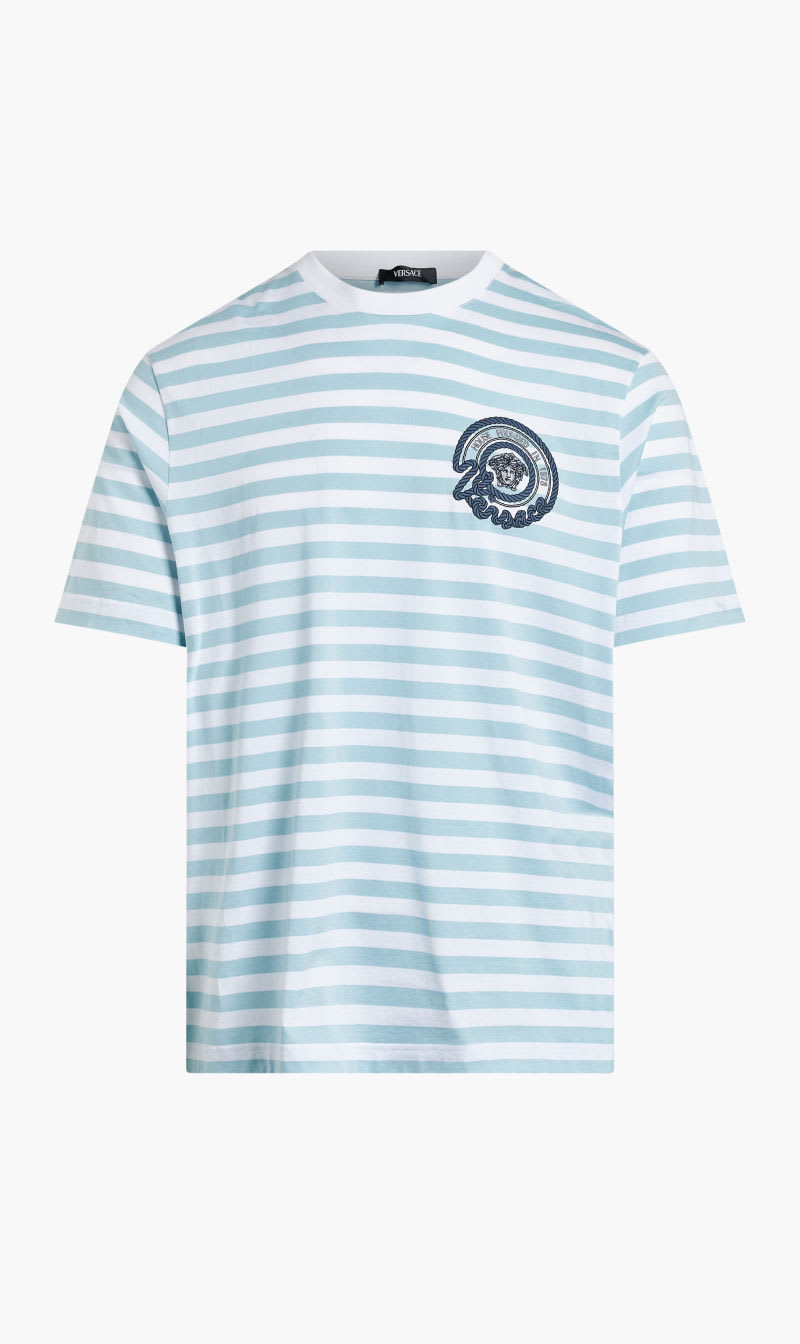 

Versace Blue T-shirt Striped Jersey Fabric + Embroidered Versace Nautical Emblem for Men | The Deal Outlet