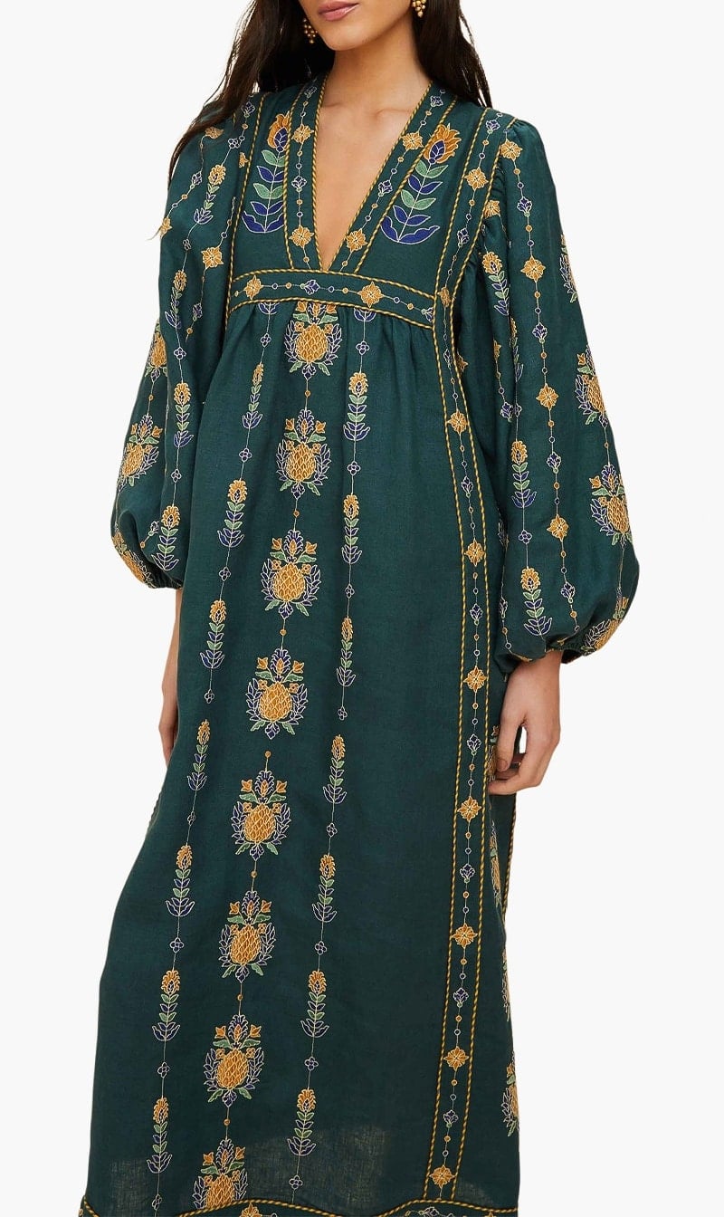 Farm Rio Green Embroidered Tunic Maxi Dress for Women