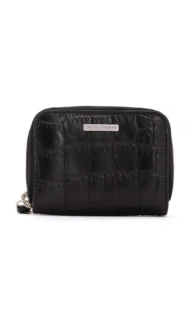 

Crocodile Leather Small Zip Around Wallet, Black