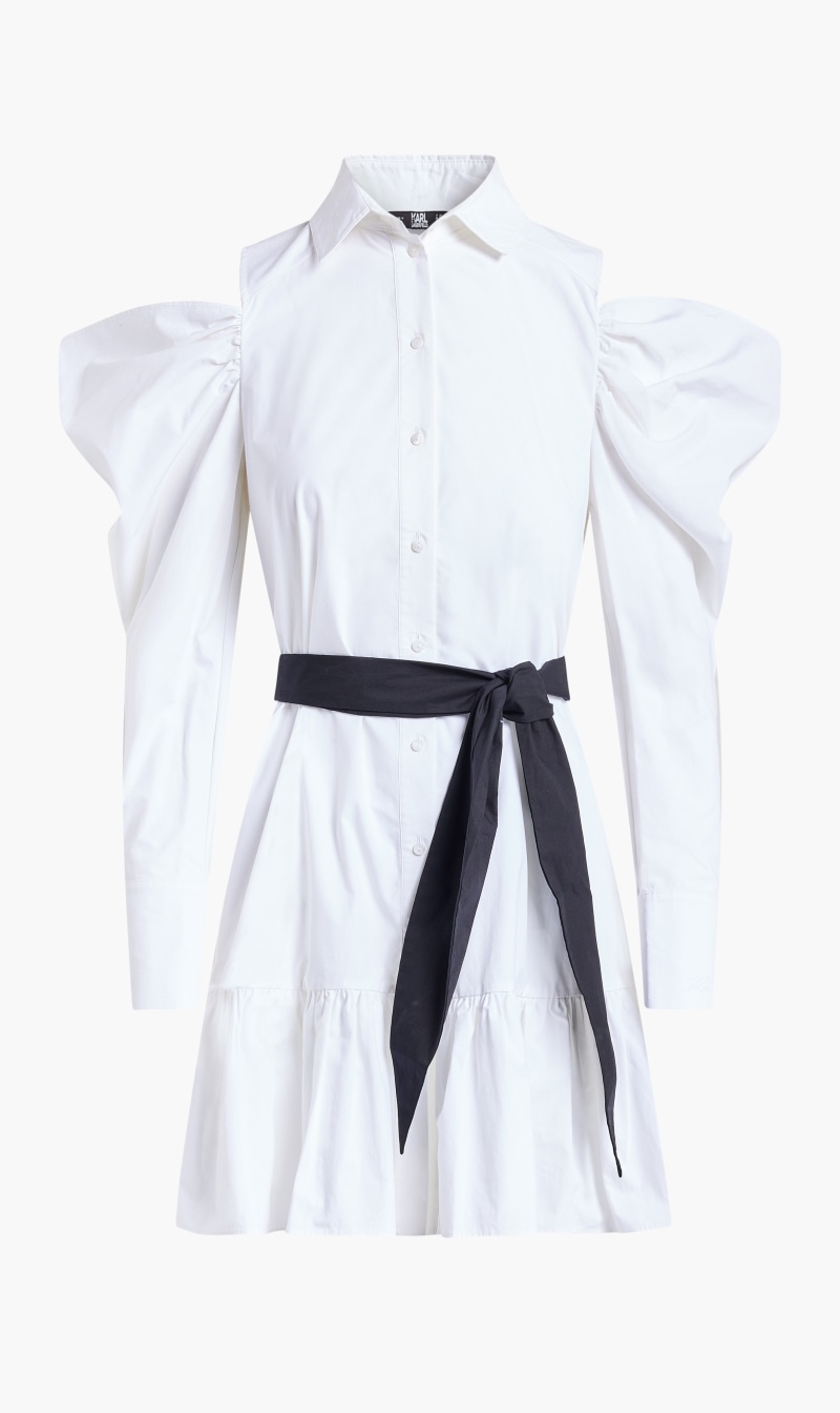 

Karl Lagerfeld White Cold Shoulder Poplin Dress for Women | The Deal Outlet