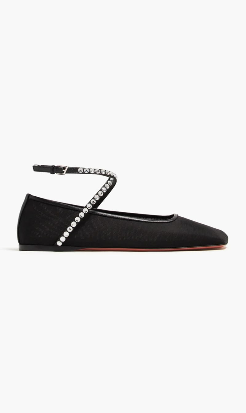 

Amina Muaddi Black Ane Mesh Crystal Ballet Flats for Women | The Deal Outlet