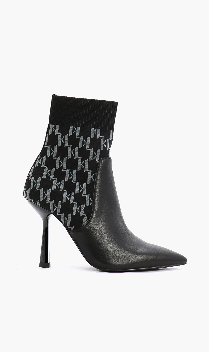 

Karl Lagerfeld Black Monogram Knit Ankle Boots for Women | The Deal Outlet