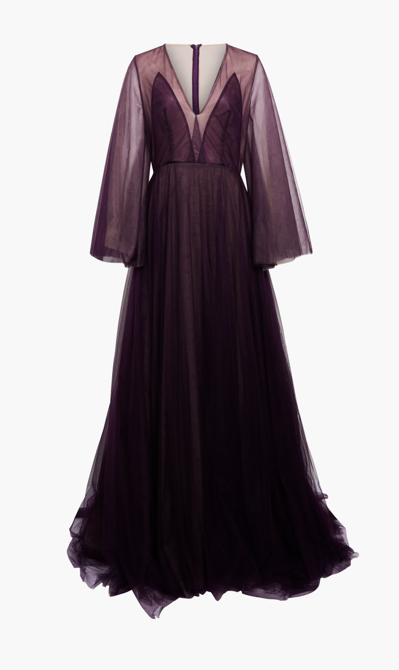 

Costarellos Purple Jolie - French Tulle Gown With Cape Sleeves for Women | The Deal Outlet