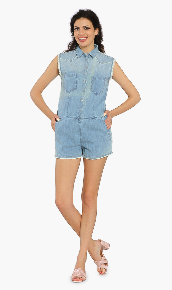

Fringed Trim Denim Dungaree, Blue