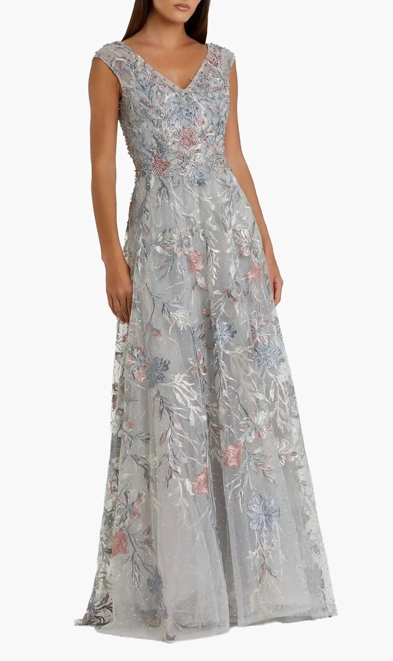 

Mac Duggal Grey Embroidered Illusion Cap Sleeve A Line Gown for Women | The Deal Outlet
