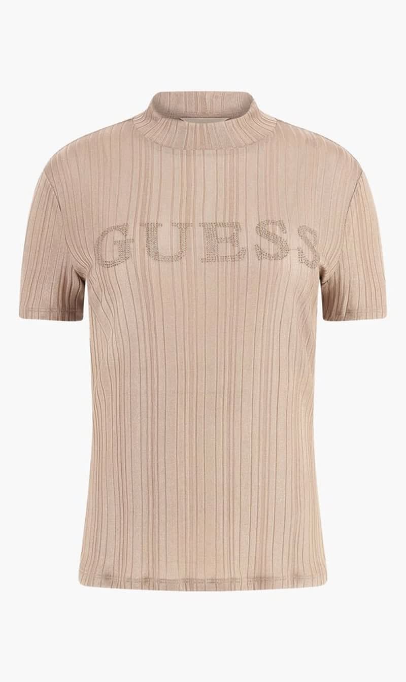 

Guess Beige Ss High Nk Cristina Logo Top for Women | The Deal Outlet