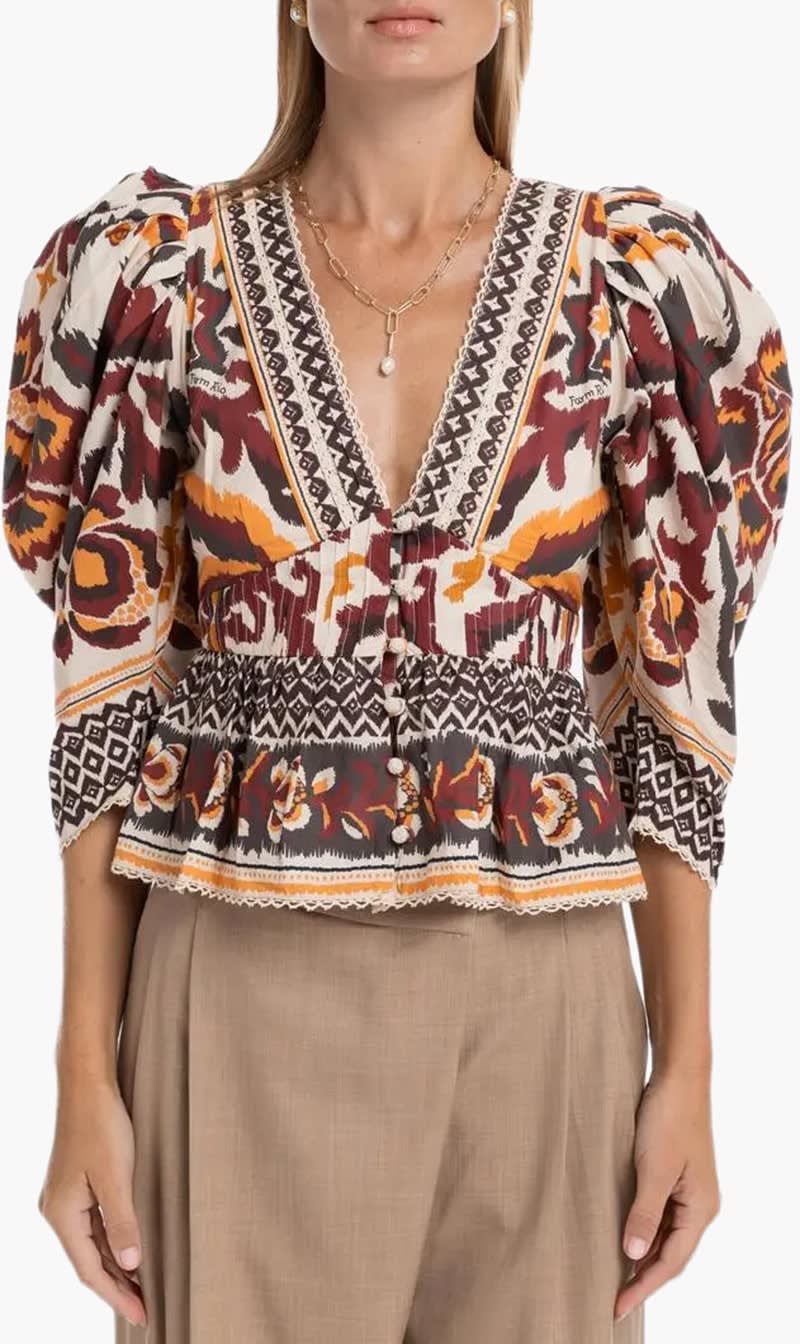 

Farm Rio Multi-color Toucans Scarf Cream Puffed Sleeve Blouse for Women | The Deal Outlet
