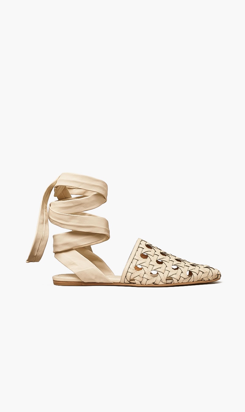 

Tory Burch Beige Basketweave Wrap Flats for Women | The Deal Outlet