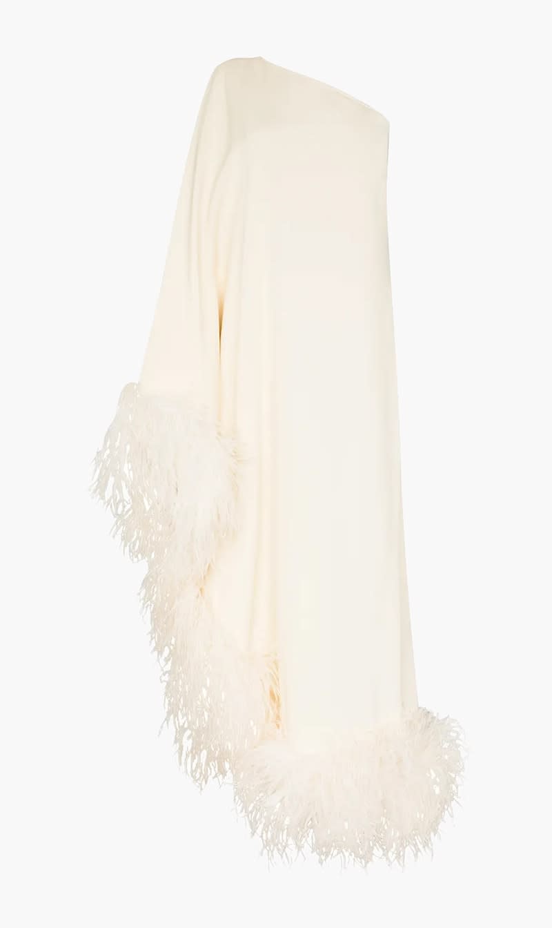 

Taller Marmo White Ubud Feather Trim Gown for Women | The Deal Outlet