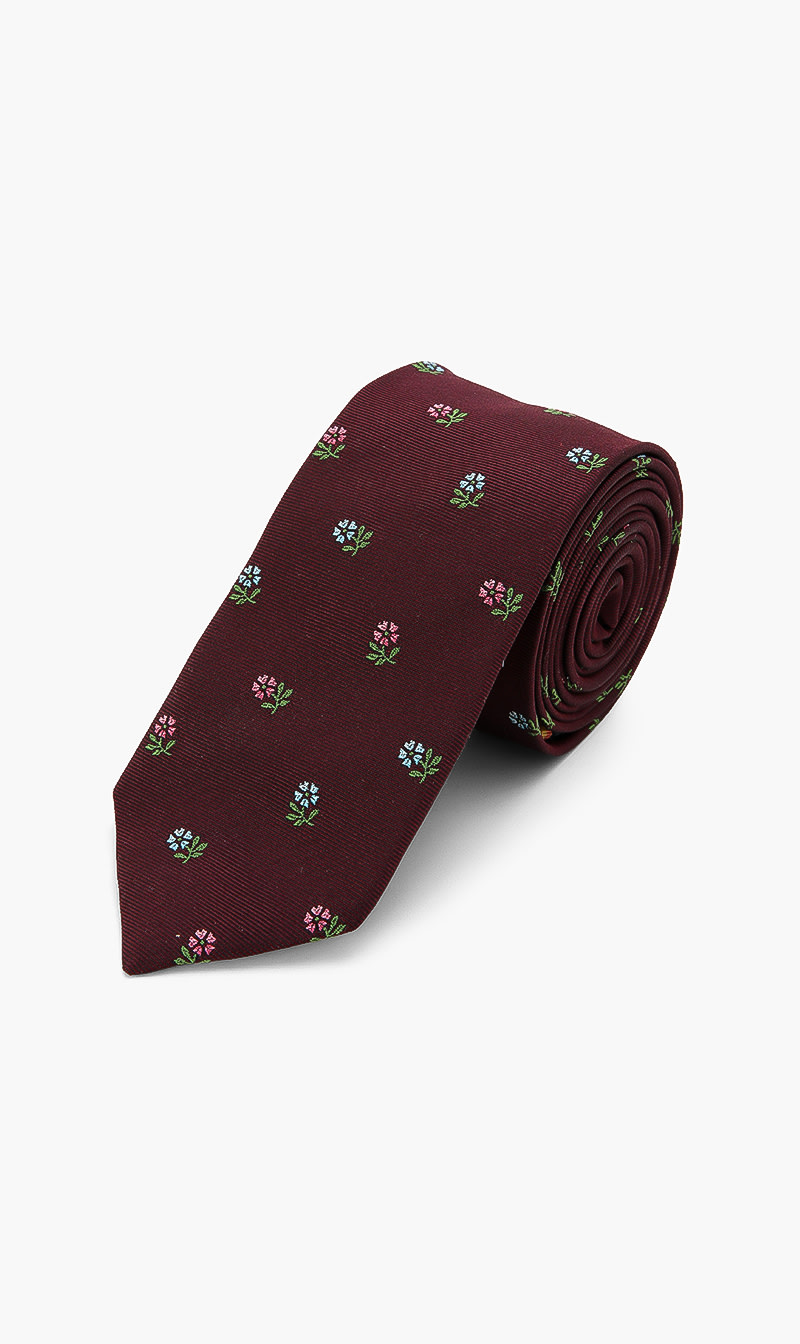 

Floral Print Silk Tie, Red