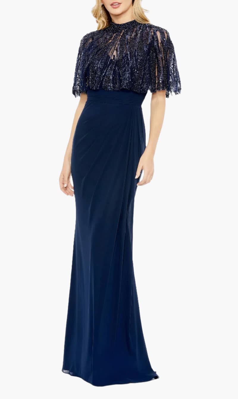 

Mac Duggal Blue Sleeveless Gown Wiith Embellished Cape for Women | The Deal Outlet