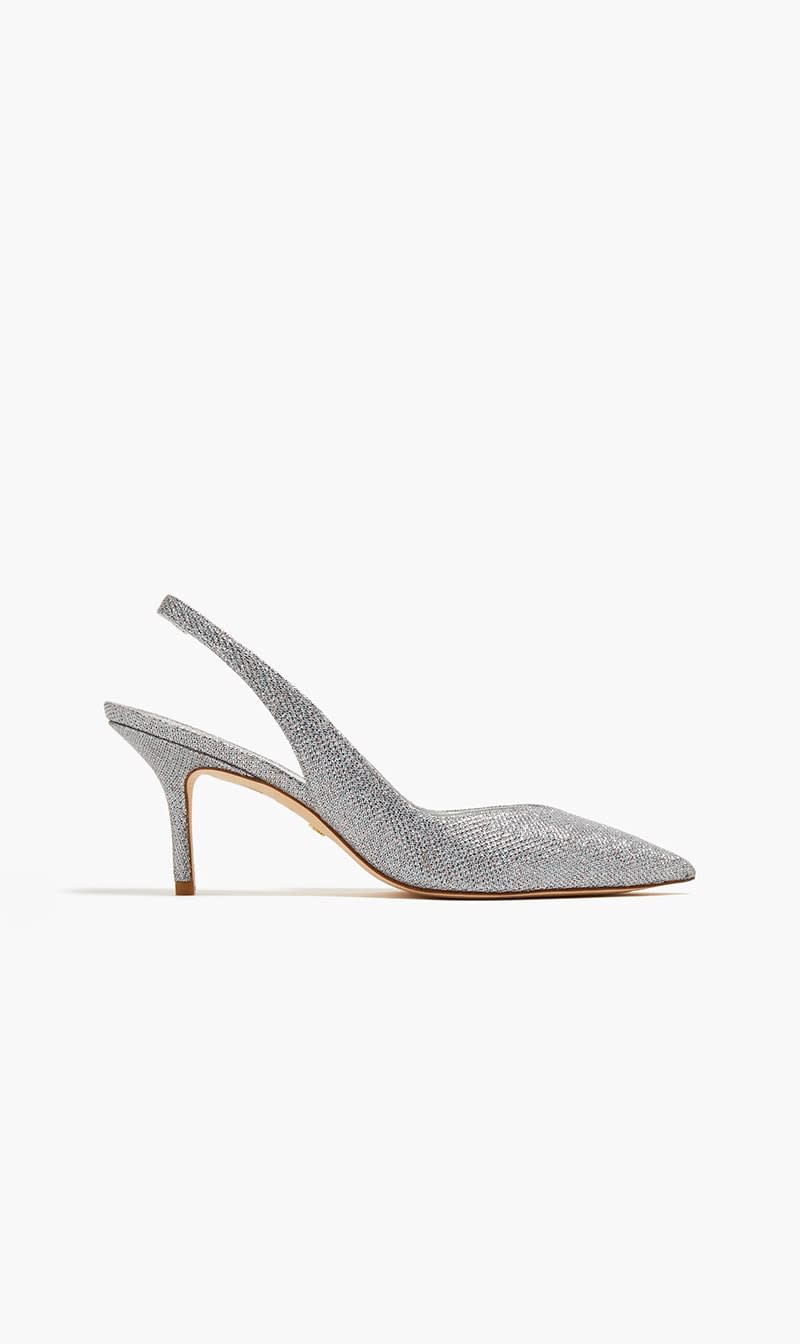 

Stuart Weitzman Silver Eva 75 Slingback Pumps for Women | The Deal Outlet