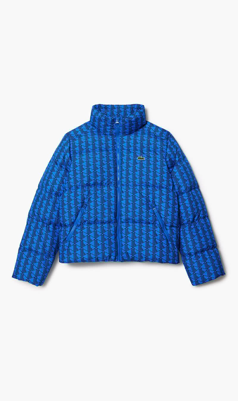 

Lacoste Blue Hooded Monogram Print Puffer Jacket With Puffed Croc At Back for Women | The Deal Outlet