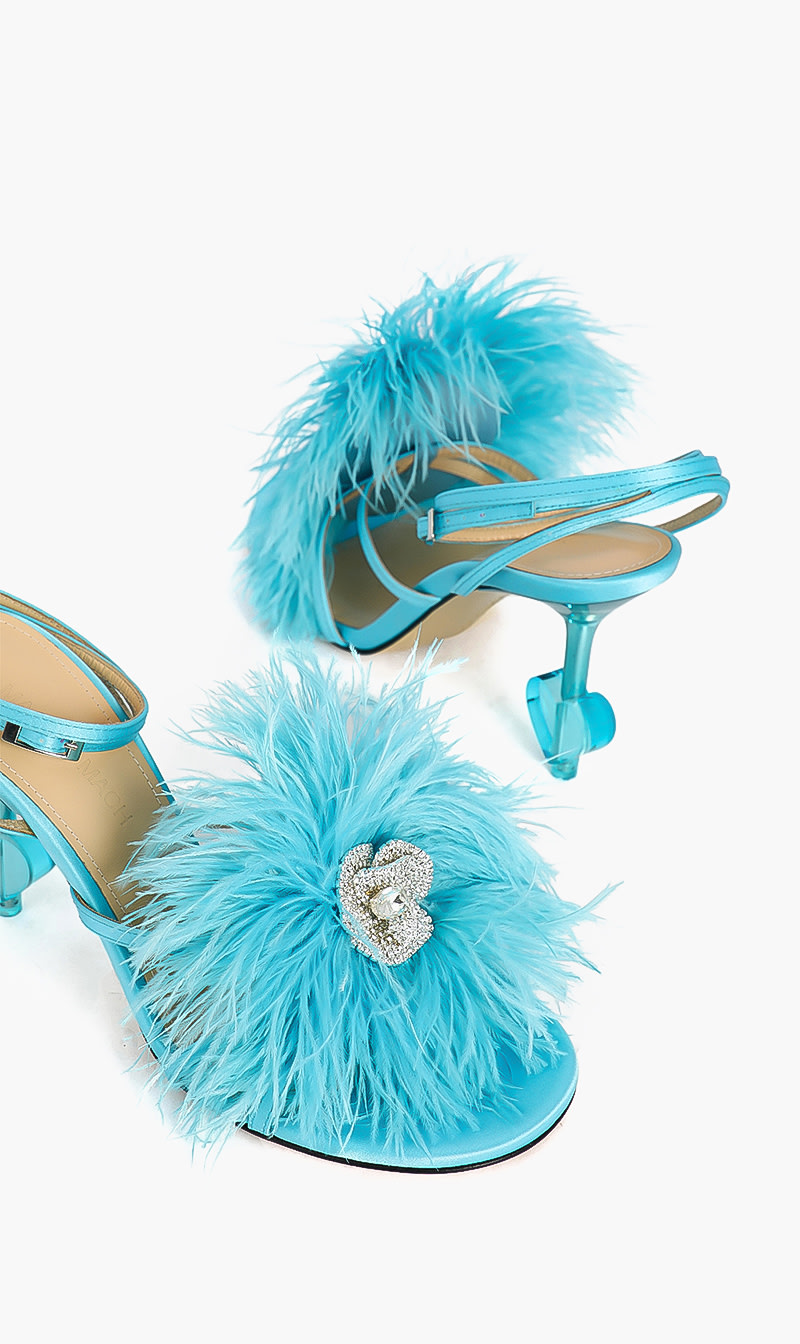 

Mach And Mach Blue Feather Trimmed Sandals for Women | The Deal Outlet