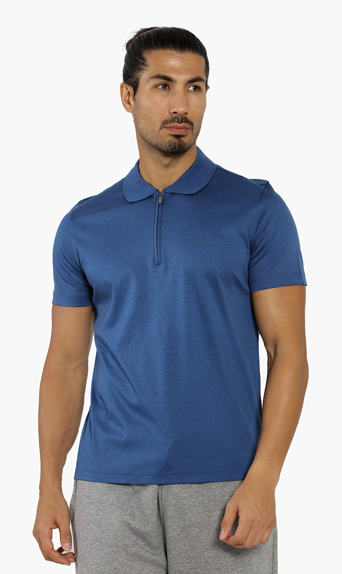 

Cotton Zip Polo Shirt, Blue