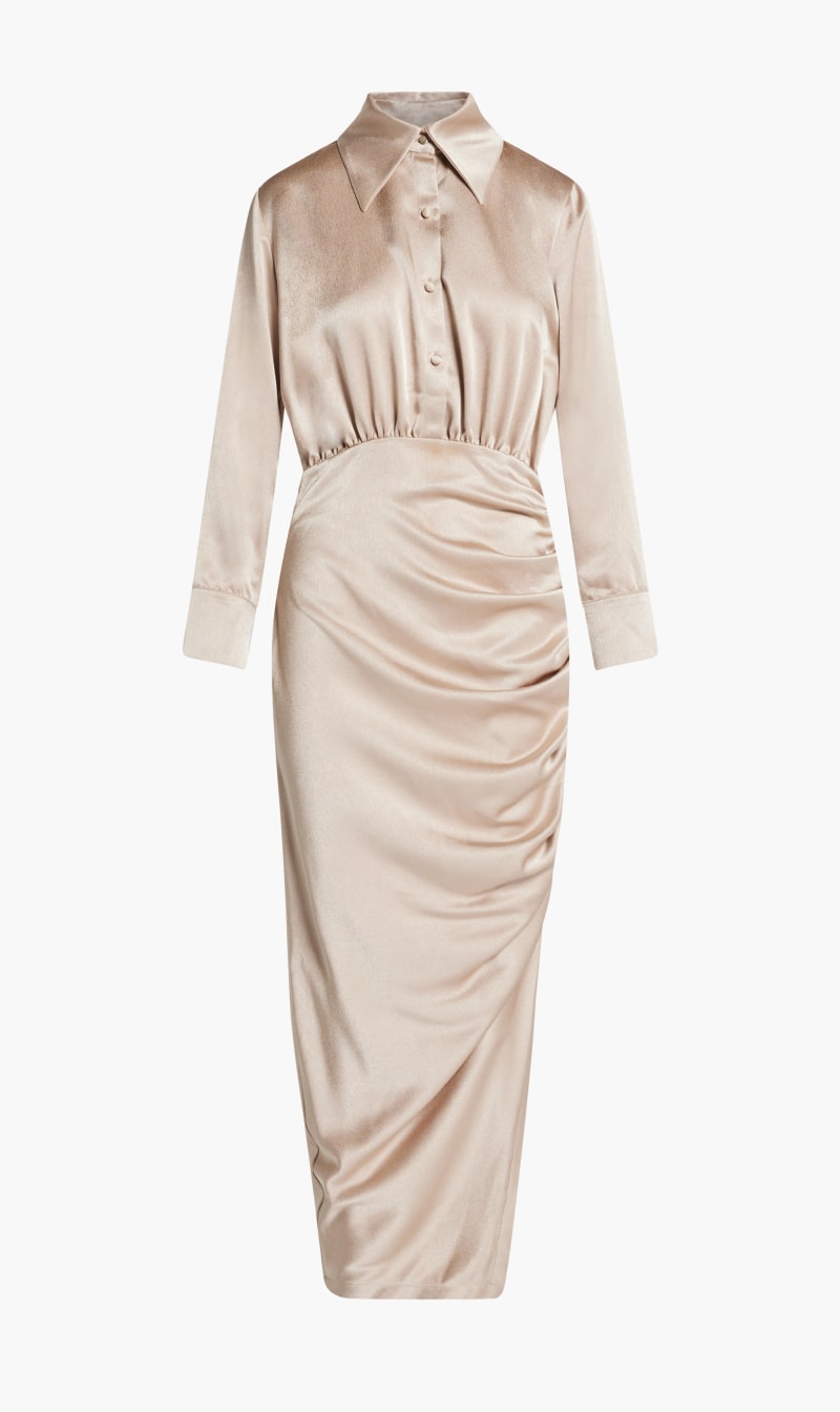

Mehtap Elaidi Beige Fitted Shirtdress With Ruched for Women | The Deal Outlet