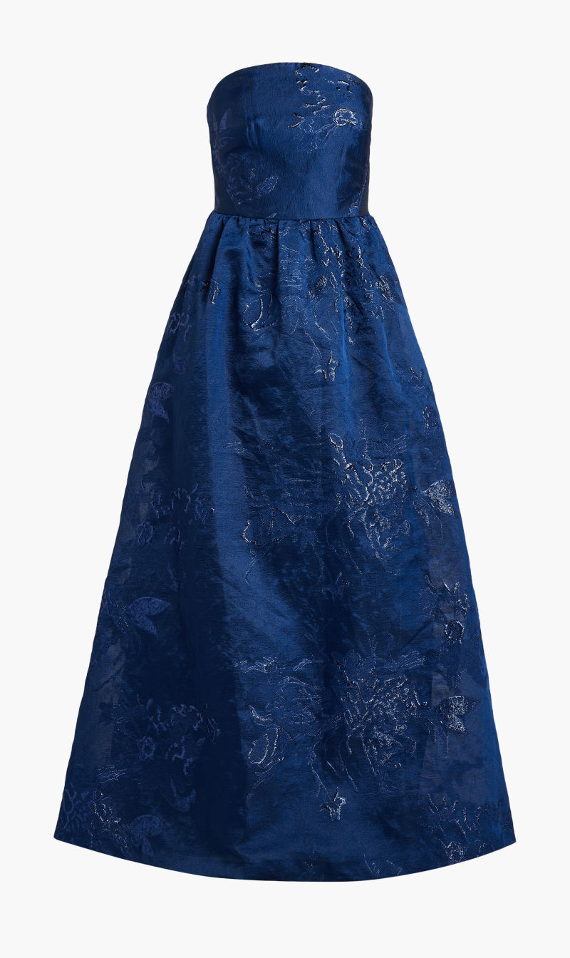 

Monique Lhuillier Blue Strapless Jacquard Long Dress for Women | The Deal Outlet
