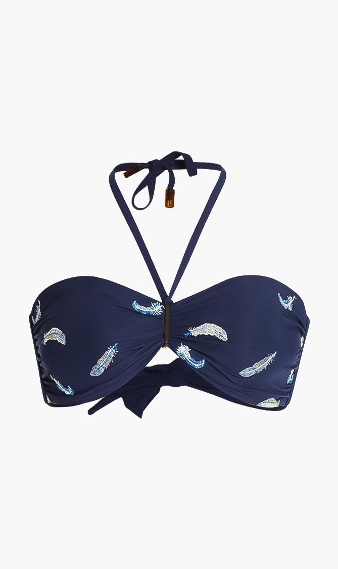 

Feery Feather Embroidered Bandeau Bikini Top, Blue