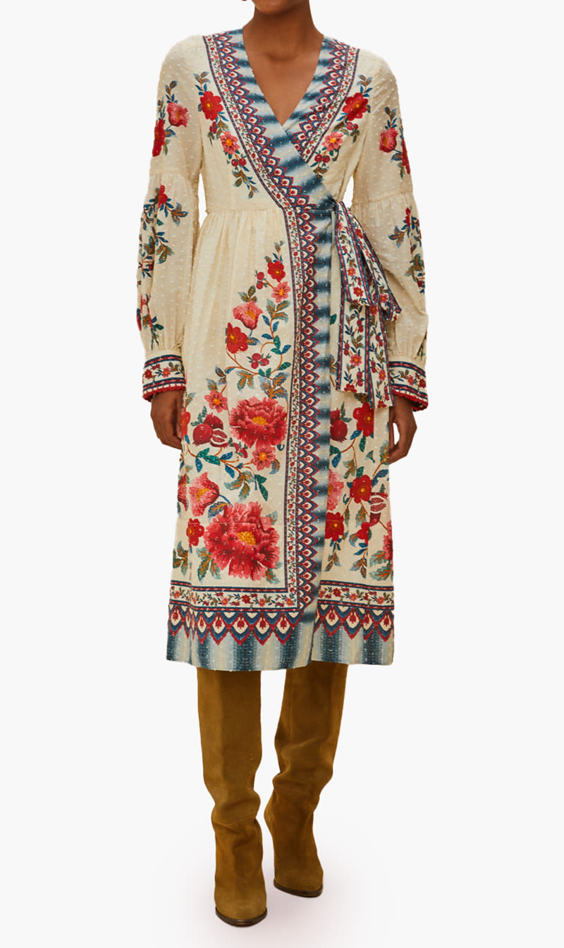 

Farm Rio Beige Mosaic Wrap Midi Dress for Women | The Deal Outlet