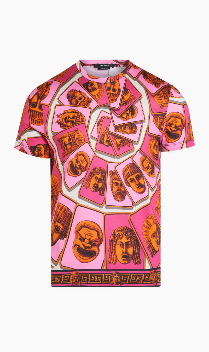 

Versace Pink T-shirt Organic Cotton Jersey Fabric With Masks Foulard Print for Men | The Deal Outlet