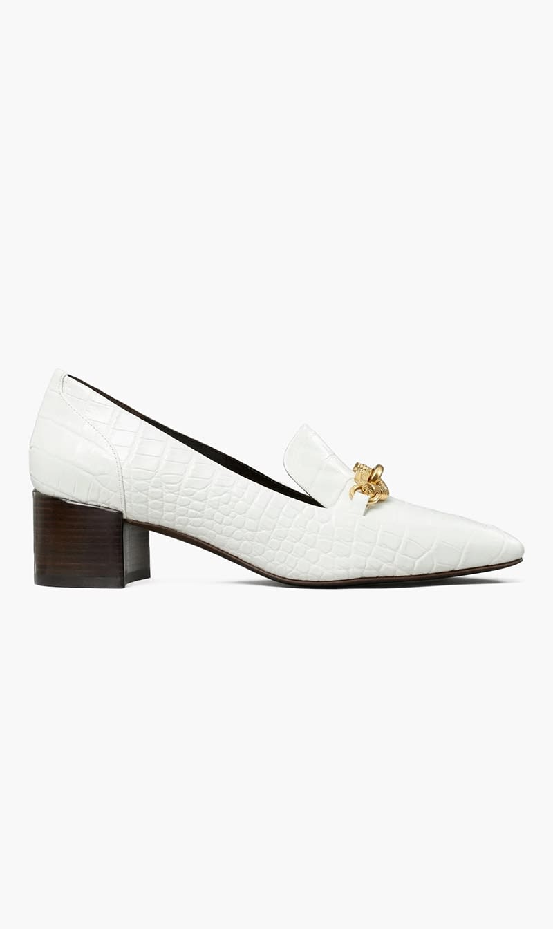 

Tory Burch White Jessa Heeled Loafers for Women | The Deal Outlet